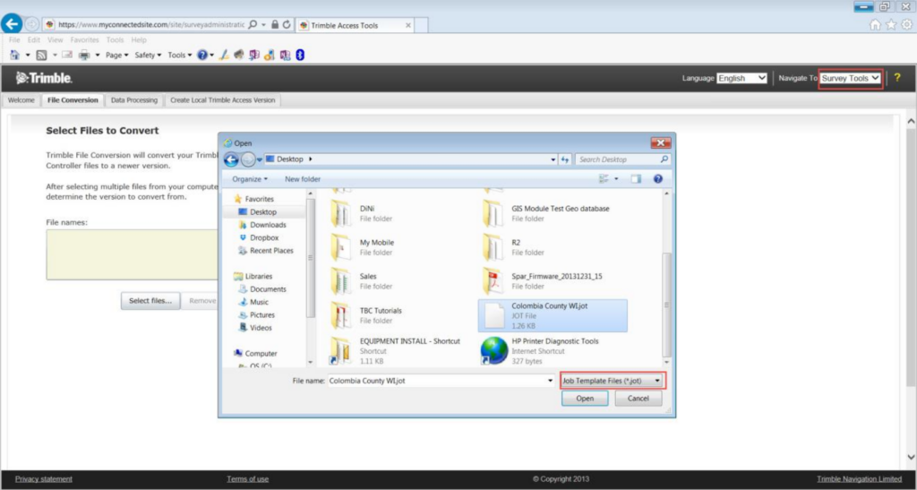 My Trimble Access File Conversion Open File Dialog