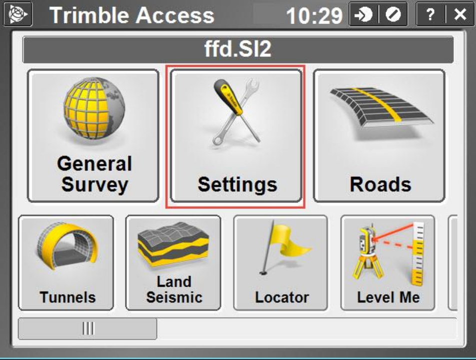 Trimble Access 2015.22 Home Screen with the settings button highlighted