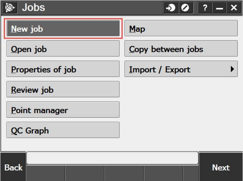 Trimble Access 2015.22 Jobs Screen with new job button highlighted