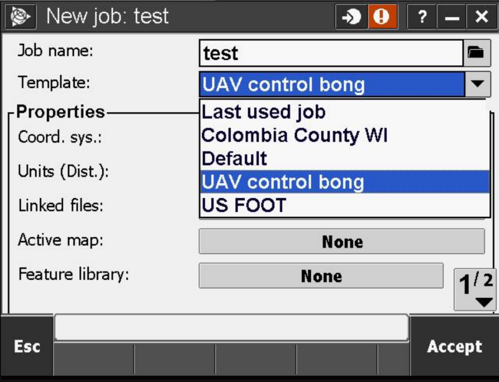 Trimble Access 2015.22 New Job Screen with a converted job shown under available templates