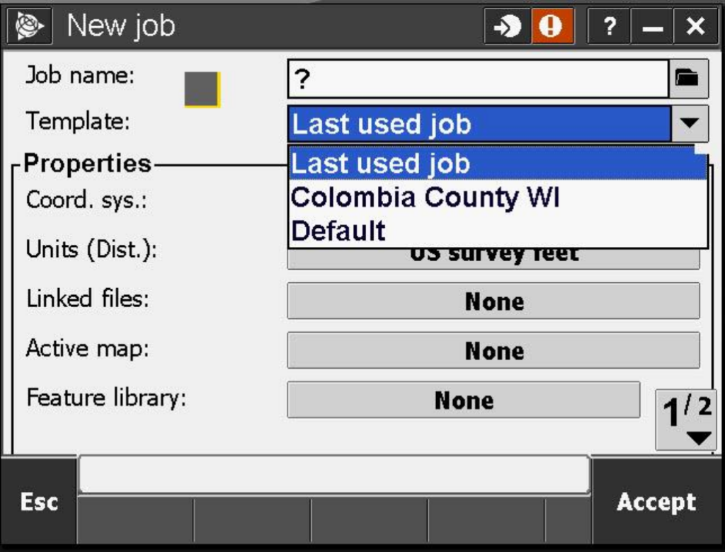 Trimble Access 2015.22 New Jobs Screen showing saved template