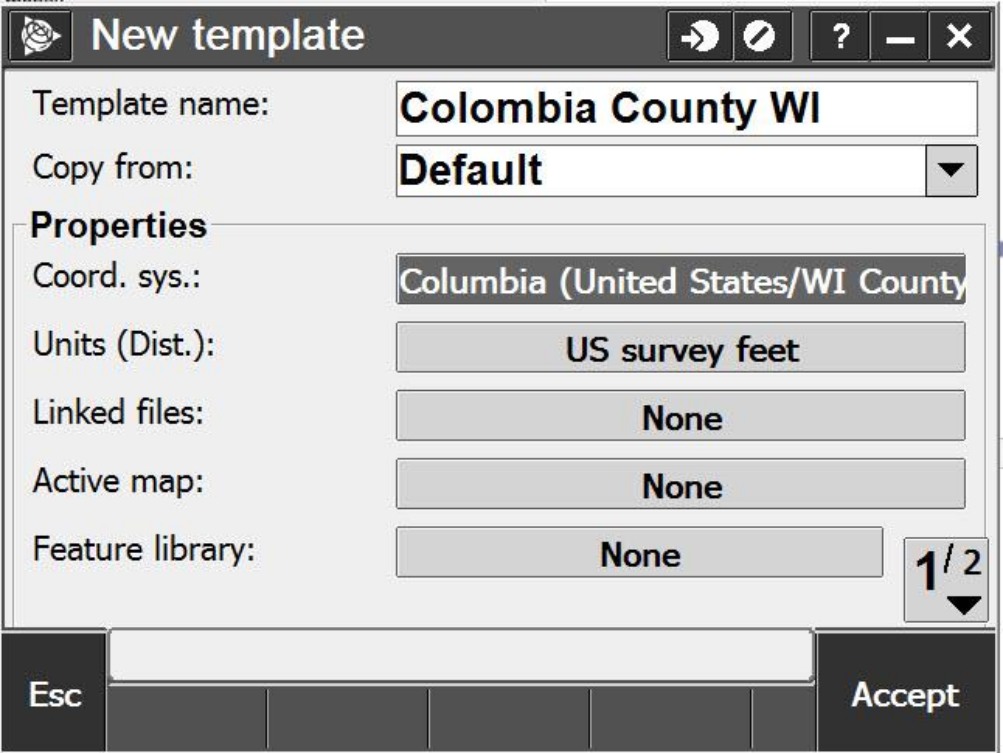 Trimble Access 2015.22 New Template Example with Coordinate System from library selected