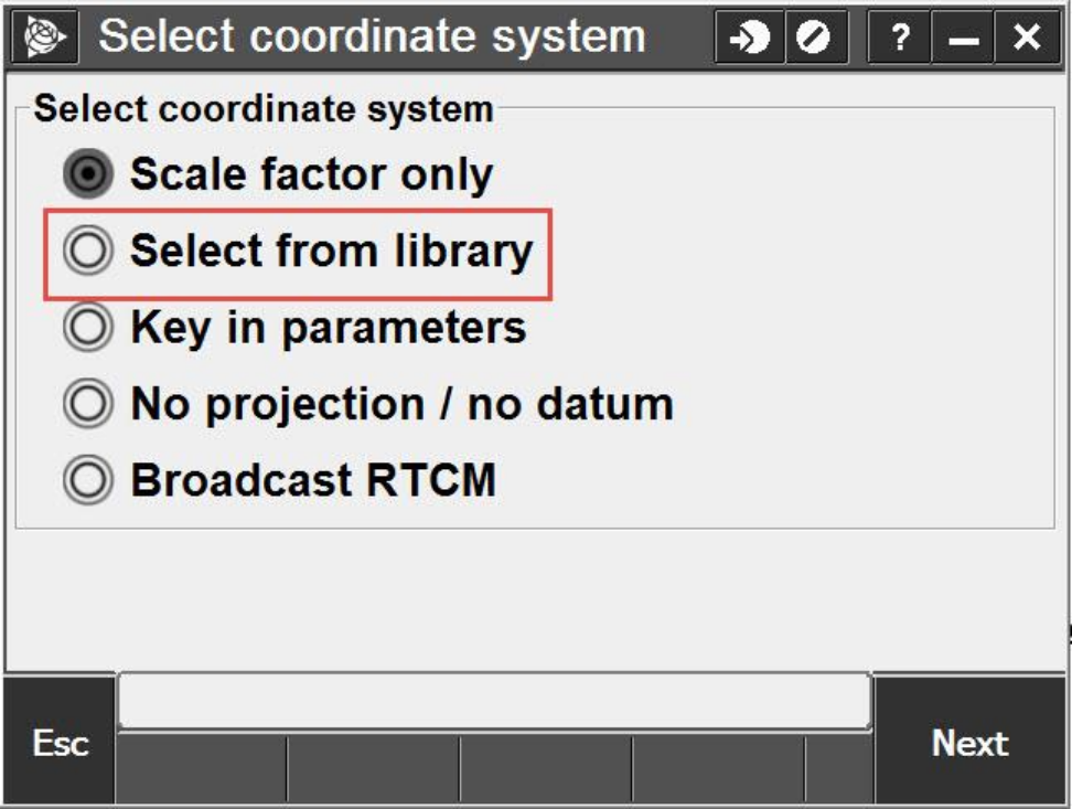 Trimble Access 2015.22 Select Coordinate System Screen with "select from library" highlighted