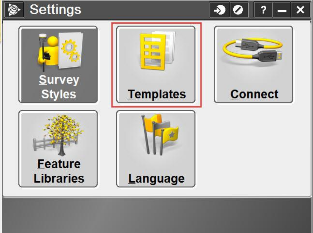 Trimble Access 2015.22 Settings Screen with the templates button highlighted