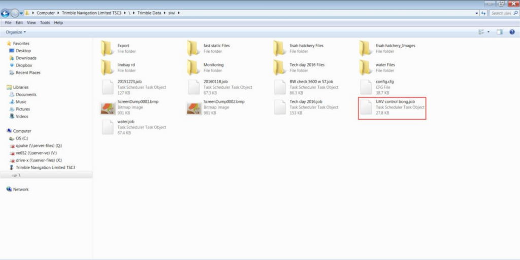 Trimble Access System Files with a job file highlighted