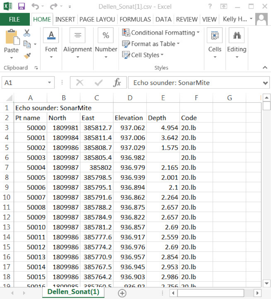 Screenshot of the Trimble ASCII File Generator Utility "comma delineated with elevation and depth" output format