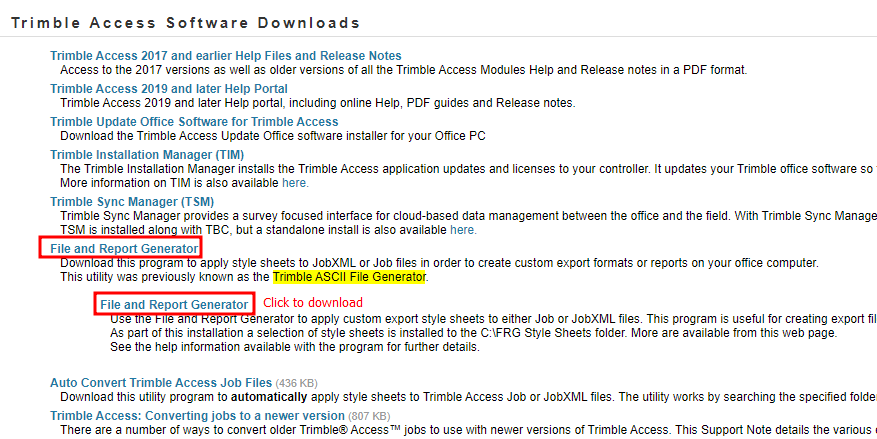 Screenshot of the Trimble Access Software Downloads webpage, highlighting the ASCII File Generator Utility