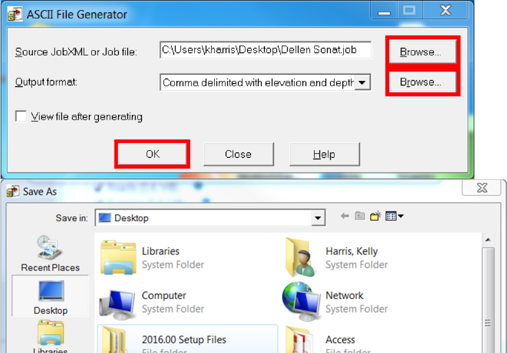 Screenshots of the Trimble ASCII File Generator Utility screen and Save As dialog