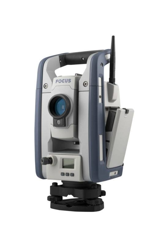 Spectra Focus 50 Robotic Total Station, view from the right showing battery.