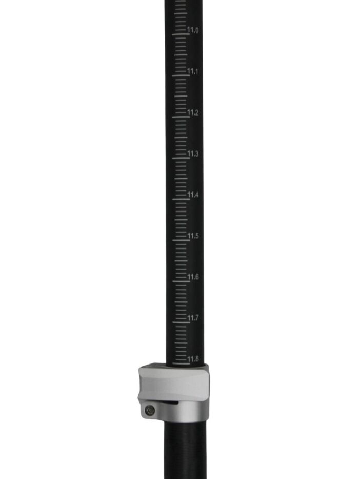 FiberLite all carbon fiber 11.8ft 3.6m prism pole, close-up view of extended pole with graduations